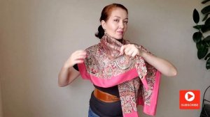 How to wear a big silk square scarf 53”x 53”. Large silk shawl tutorial. Pavlovo Posad Russian Shawl