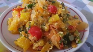 Приготовление Очень Вкусного и сочного Овощного Рагу из Тыквы  с Замороженной зеленью и яйцом.