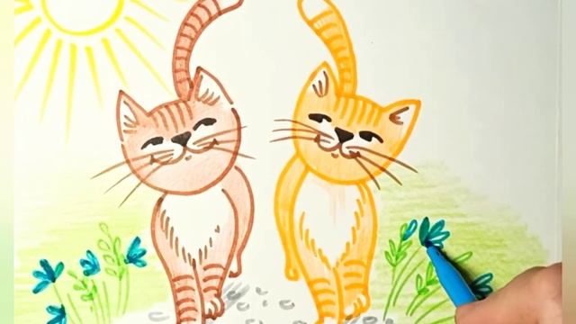 Кошки на прогулке. Рисунок фломастерами и цветными карандашами.