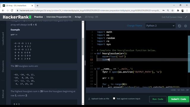 2D Array- DS - Hourglass |ARRAYS |HACKERRANK Solution| PYTHON | Interview |Programming for Beginner