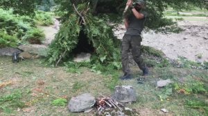 Укрытие под медленным дождем в лесу