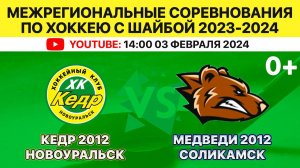 Межрегиональные соревнования по хоккею Кедр-2012 Новоуральск-Медведи-2012 Соликамск. 03.02.2024.