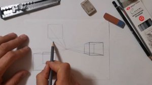 Конструктивное построение куба выше линии горизонта с одной точкой схода.