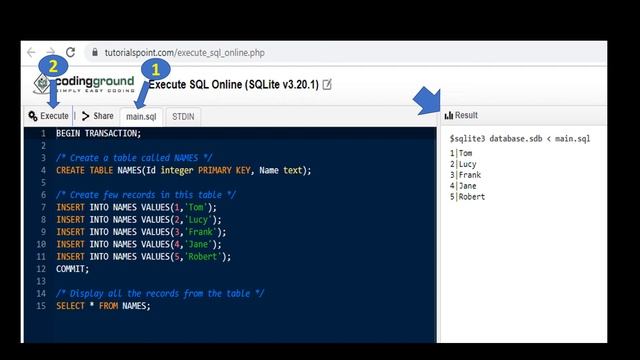 ITP104 Week10 SQL coding using TutorialsPoint codingground