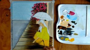 Easy Rainy Season Scenery Painting / Lady With Umbrella in Rainy Day Bougainvillea flowers Painting