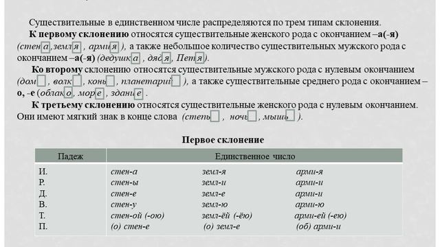 Падеж и склонение имён существительных. Склонение существительных в единственном числе.