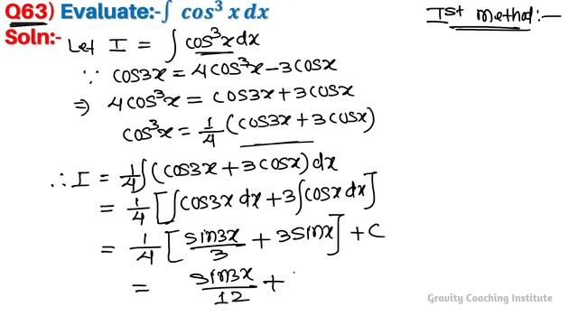 Q63 | Evaluate ∫cos^3x dx | Integral of cos cube x | Integration of cos cube x | Integrate cos^3 x