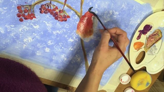 Снегирь на ветке гуашью. смотреть онлайн