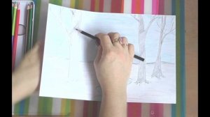 Как нарисовать Весенний пейзаж  карандашами деревья. для детей от 6 лет