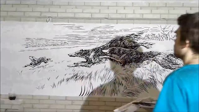 Интерьерная роспись в графическом стиле. "Охота на зайца", размер росписи 1 х 3 метра. смотреть онлайн