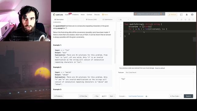 Replace All ?'s to Avoid Consecutive Repeating Characters | Leetcode #1576 #golang смотреть онлайн