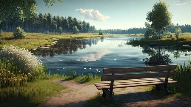 Окунитесь в атмосферу летней безмятежности - Расслабьтесь на скамейке в парке у озера под щебет птиц