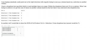 Microsoft Excel Sum column based on dropdown selection in another