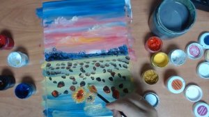 Поле подсолнухов, пейзаж гуашью, правополушарное рисование с МАК