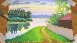 Нарисовать Красивый пейзаж ПОЭТАПНО гуашью. Рисуем Реку Дом Лес