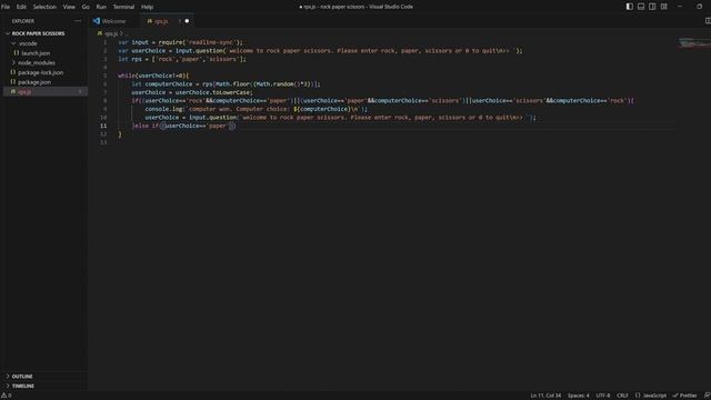 code with me(w/lofi beats): rock paper scissors game with javascript (node js).