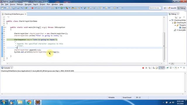 How to use append(CharSequence csq) method of CharArrayWriter? | Java IO | Java Tutorial
