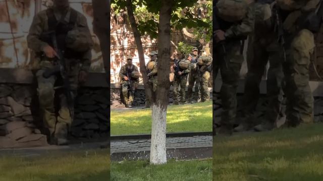 Очень "мирные" , вооруженные до зубов непонятные люди в униформе  во дворе парламента Армении.
