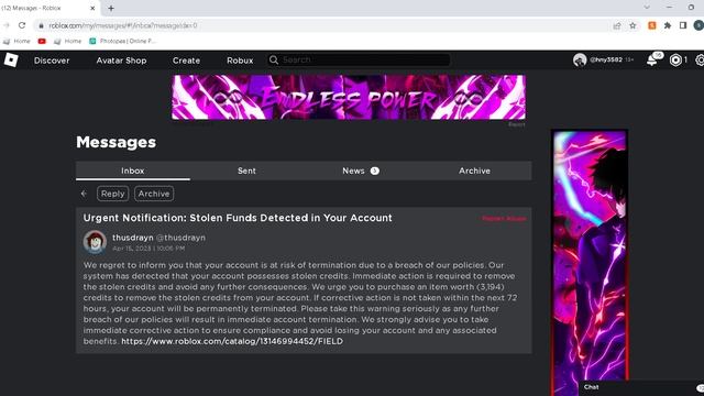 Did anyone get this roblox message:Stolen Funds Detected in Your Account смотреть онлайн