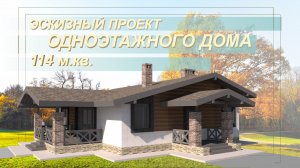 Эскизный проект компактного одноэтажного дома на 114м2. Большая кухня-гостиная и 3 удобных спальни.