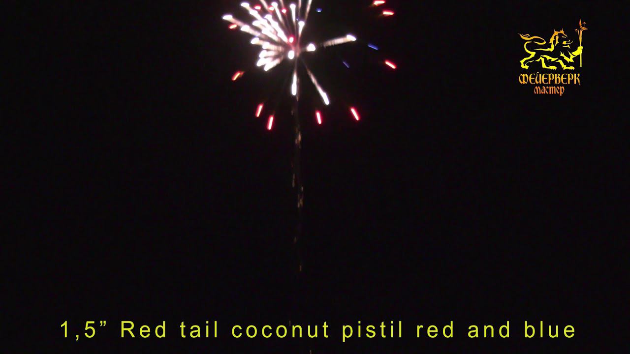 FM502 Одиночный салют 1,5"(Red tail coconut pistil red and blue)