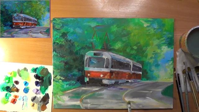 Как нарисовать трамвай. Поездка на трамвае. Акрил смотреть онлайн