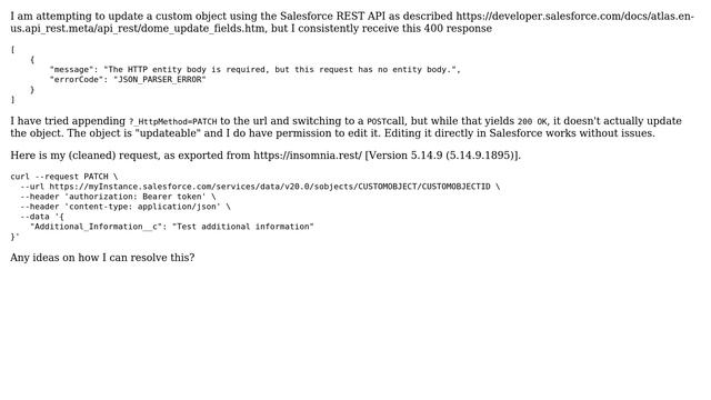 Salesforce: JSON_PARSER_ERROR on PATCH when updating a custom object смотреть онлайн