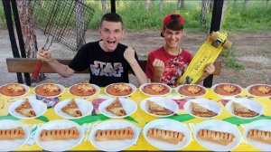 ПИЦЦА СОСИСКА В ТЕСТЕ МЯСНОЙ ТРЕУГОЛЬНИК КТО БЫСТРЕЕ СЪЕСТ. КТО БОЛЬШЕ СЪЕСТ МНОГО ЕДЫ