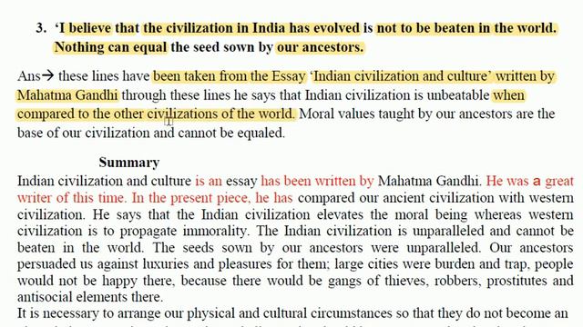 Answer Key : Indian Civilization and Culture | Class 12th English Bihar Board | Rainbow 2 | Part 3