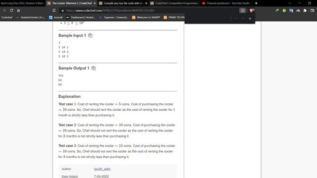 The Cooler Dilemma 1 Solution | CodeChef | Long April Challenge | Java смотреть онлайн