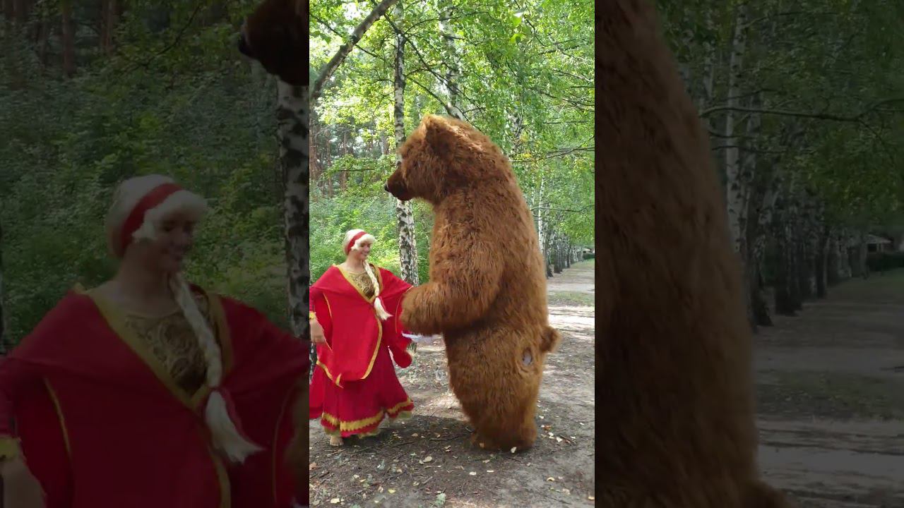Девушка танцует с бурым  мишкой в лесу