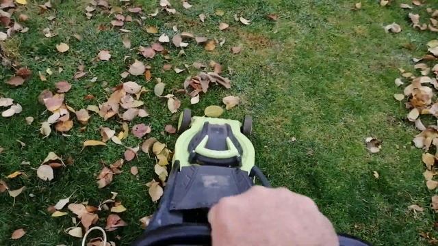 Убираем осеннюю листву с газона электрической газонокосилкой. смотреть онлайн