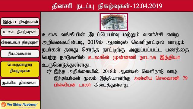 Daily Current Affairs in Tamil 12th April 2019 | TNPSC, RRB, SSC | We Shine Academy