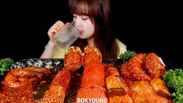 ASMR (요리먹방) 리얼 감칠맛 짱!! 매콤한 해물구이 먹방(랍스터테일, 전복, 새우,문어, 오징어와 팽이버섯, 새송이버섯) MUKBANG