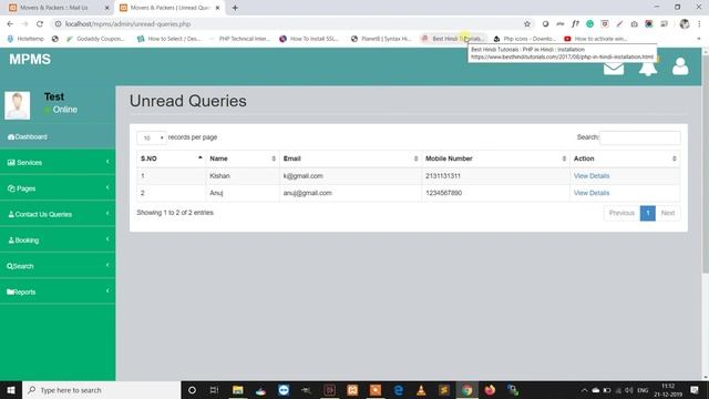 Movers and Packers Management System using PHP and MySQL ,Packers and Movers Management System