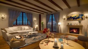 Теплая домашняя обстановка для расслабления под звуки горящих дров в камине и вьюги за окном.