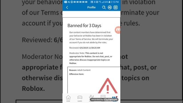 i got banned for roblox for 3 days?