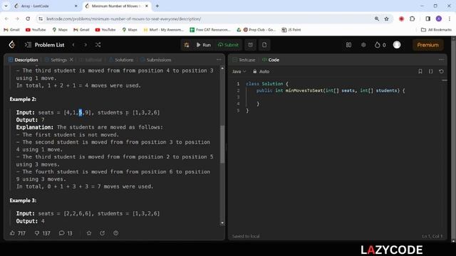 LeetCode in Java | Problem in Arrays : Easy Question | Minimum Number of Moves to Seat Everyone