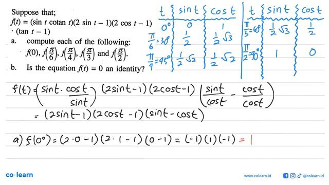 Suppose that; f(t)=(sin t cotan t)(2 sin t-1)(2 cos t-1)-(tan t-1) a. compute each of the followi.. смотреть онлайн