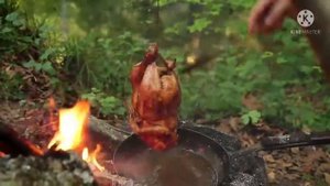 Курица гриль на костре в лесу.