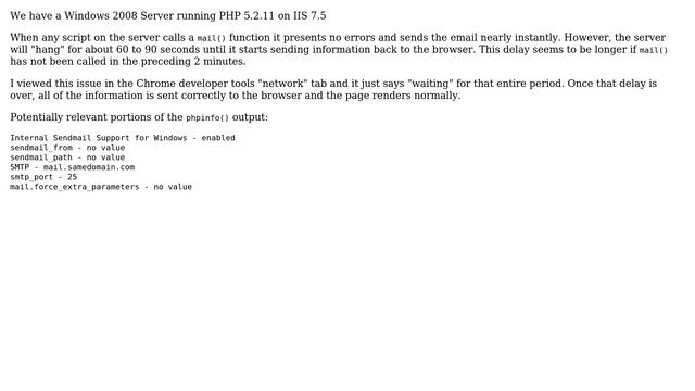 DevOps & SysAdmins: Long server response delay - 60 to 90 seconds - when using PHP Mail() on IIS7.5 смотреть онлайн