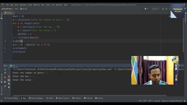 Sort a Dictionary by key or by value | Python Tutorial | Pycharm IDE | Python | Input in Dictionary