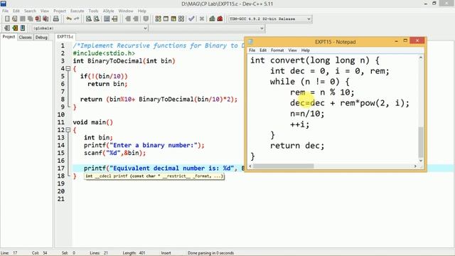 C Program to Implement Recursive Function for Binary to Decimal conversion