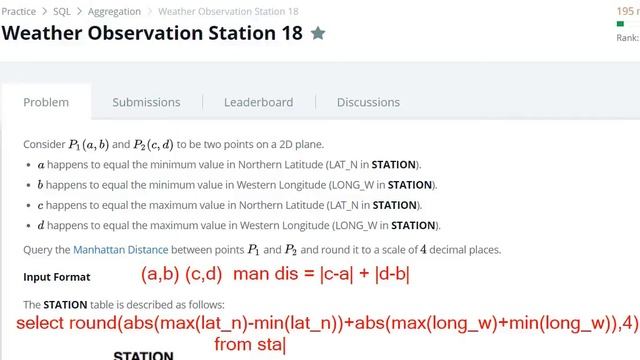 Weather Observation Station 18 Hackerrank Solution - SQL