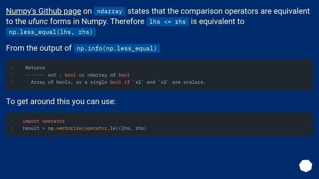 numpy elementwise comparison with overloaded operator
