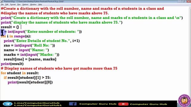 Create a dictionary of students, display the name of students who have marks above 75 | Practical 1