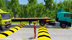 Double Flatbed Trailer Truck vs Speedbumps Train vs Cars Beamng.Drive / Flatbed Trailer