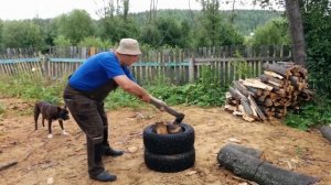 Быстрая колка дров с помощью покрышек