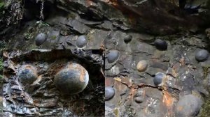 Каменные шары. Таинственная гора в Китае,  из горы выходят круглые каменные шары