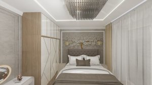 Бежевая спальня с 3D обоями . Дизайн интерьера в Иваново